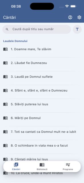 Lista de cântări din Laudele Domnului, cu bara de căutare deasupra