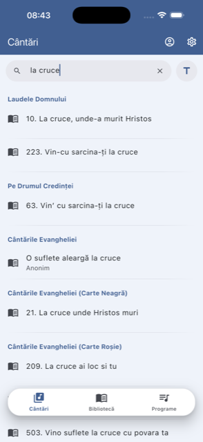 Rezultatele căutării după versuri, grupate pe cărți de cântări