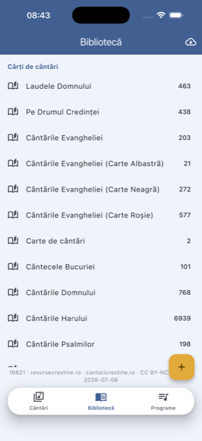 Biblioteca de cărți de cântări, fiecare cu numărul de piese